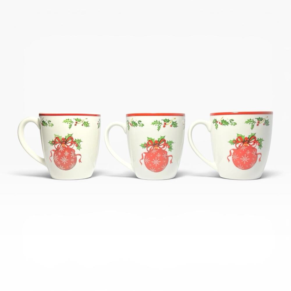 Christopher Radko “Holiday Celebrations, Red Trim” 3 Porcelain Mugs 4” 16oz